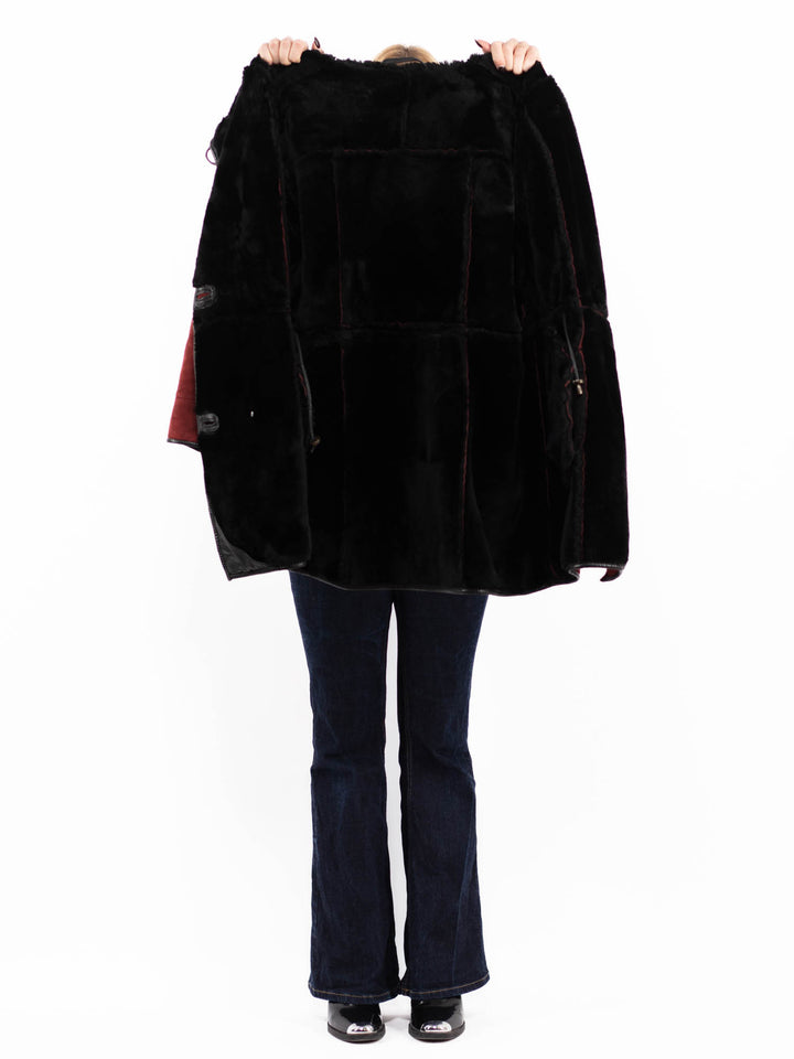 Vintage 90's Women Hooded Sheepskin Coat in Red