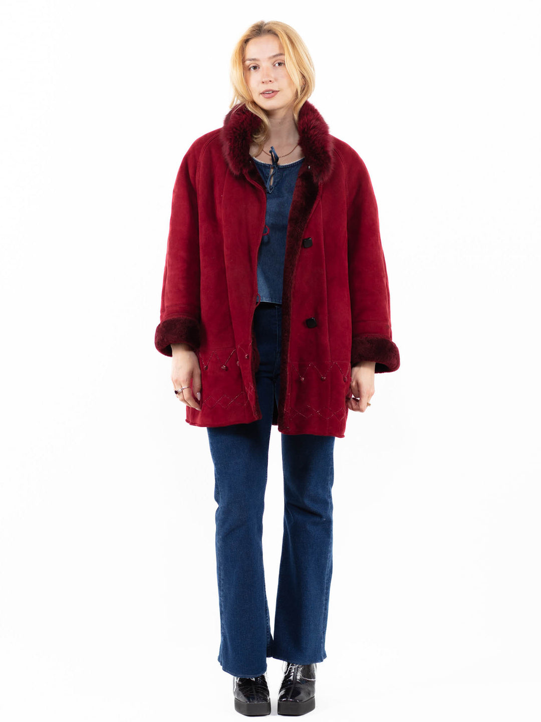 Vintage 90's Women Sheepskin Coat in RedA0060