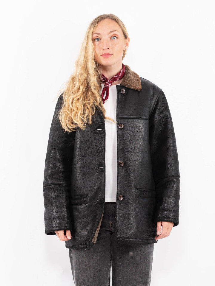 Vintage 90's Women Sheepskin Shearling Coat in BlackA0621