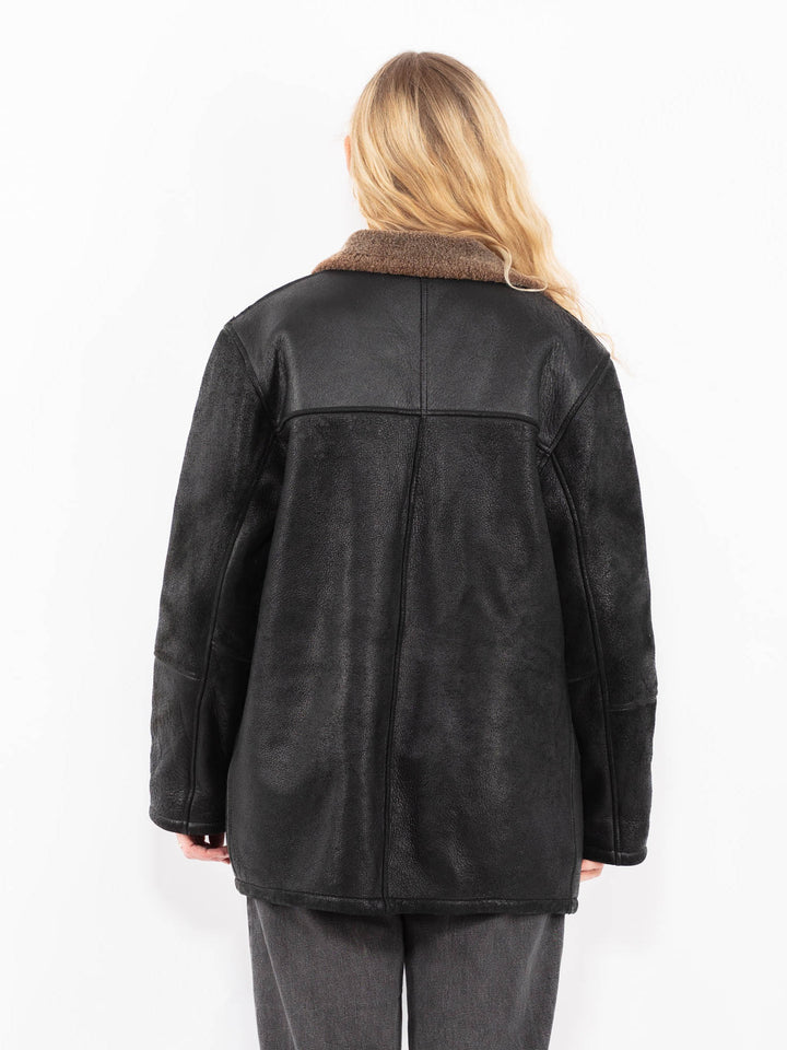 Vintage 90's Women Sheepskin Shearling Coat in BlackA0621
