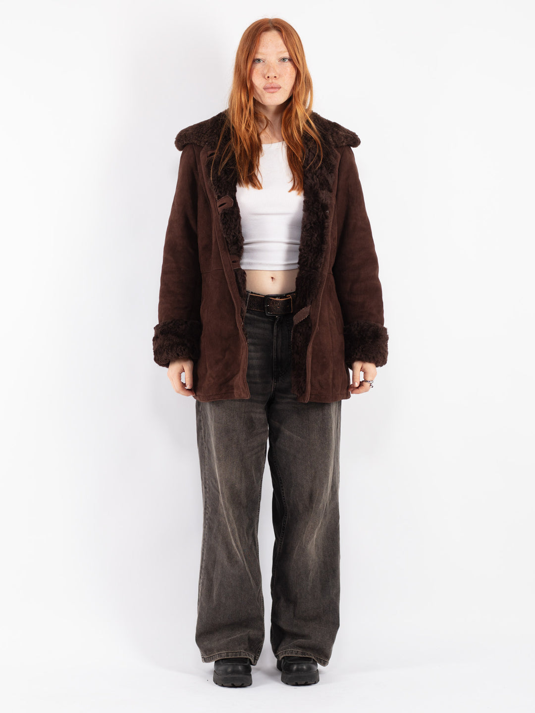 Vintage 90's Women Sheepskin Shearling Coat in Brown