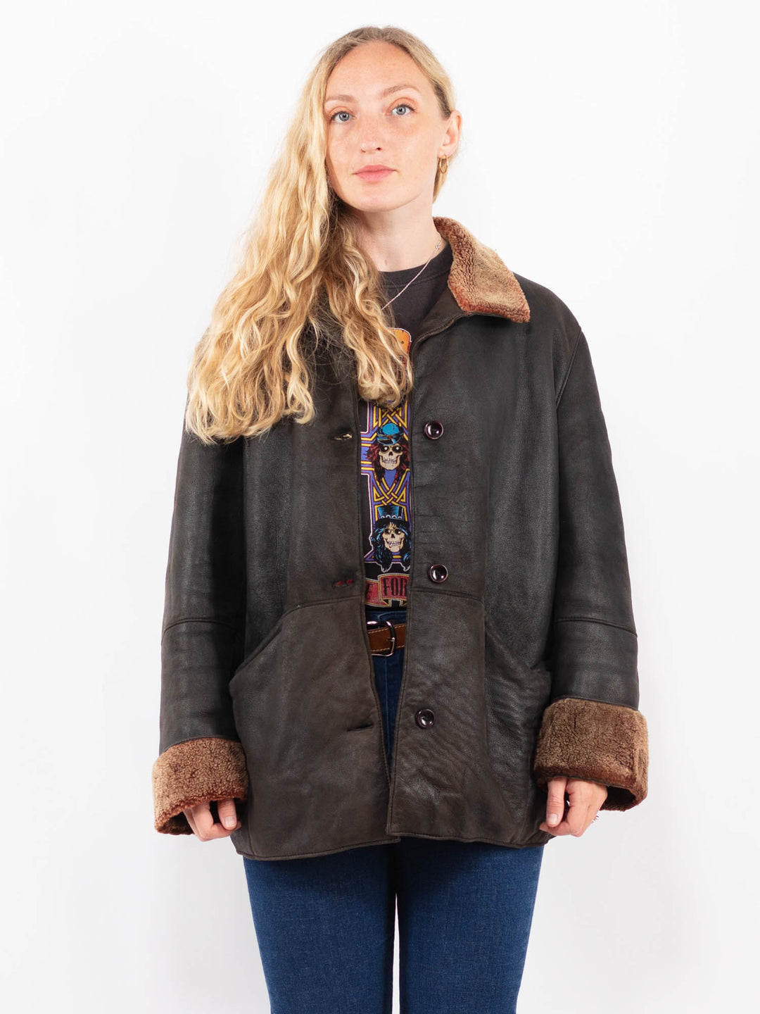 Vintage 90's Women Sheepskin Coat in BlackA0382