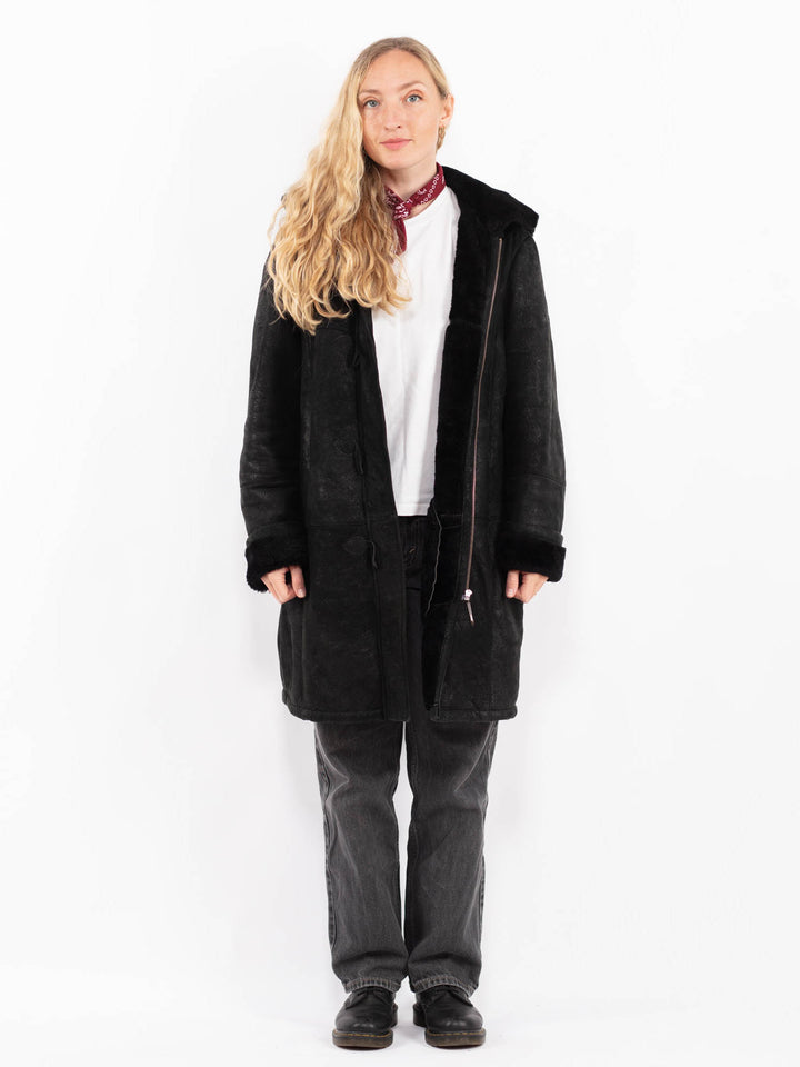 Vintage 90's Women Sheepskin Coat in Black