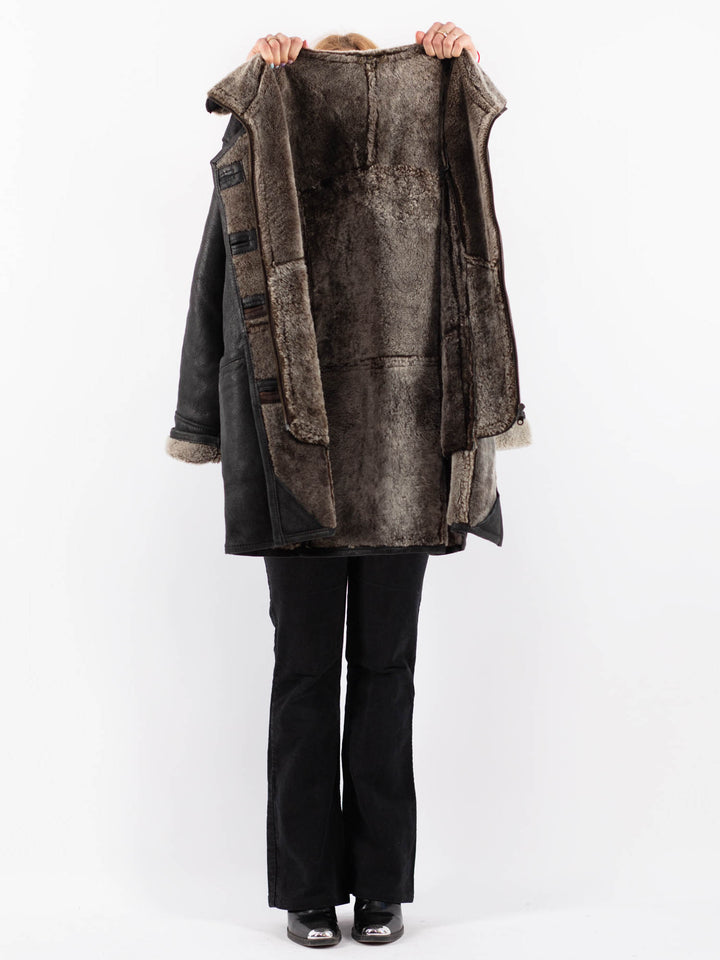 Vintage 90's Women Sheepskin Shearling Coat in BlackV9687