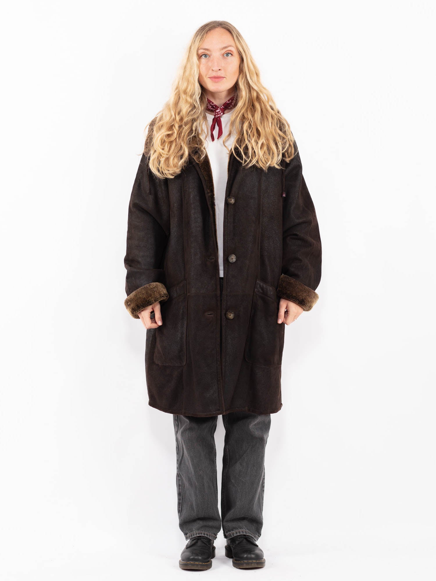 ハ*オ様 90s vintage real mouton half coat Vintage Faux Mouton Fur Coat (B148), Dark Brown With Light