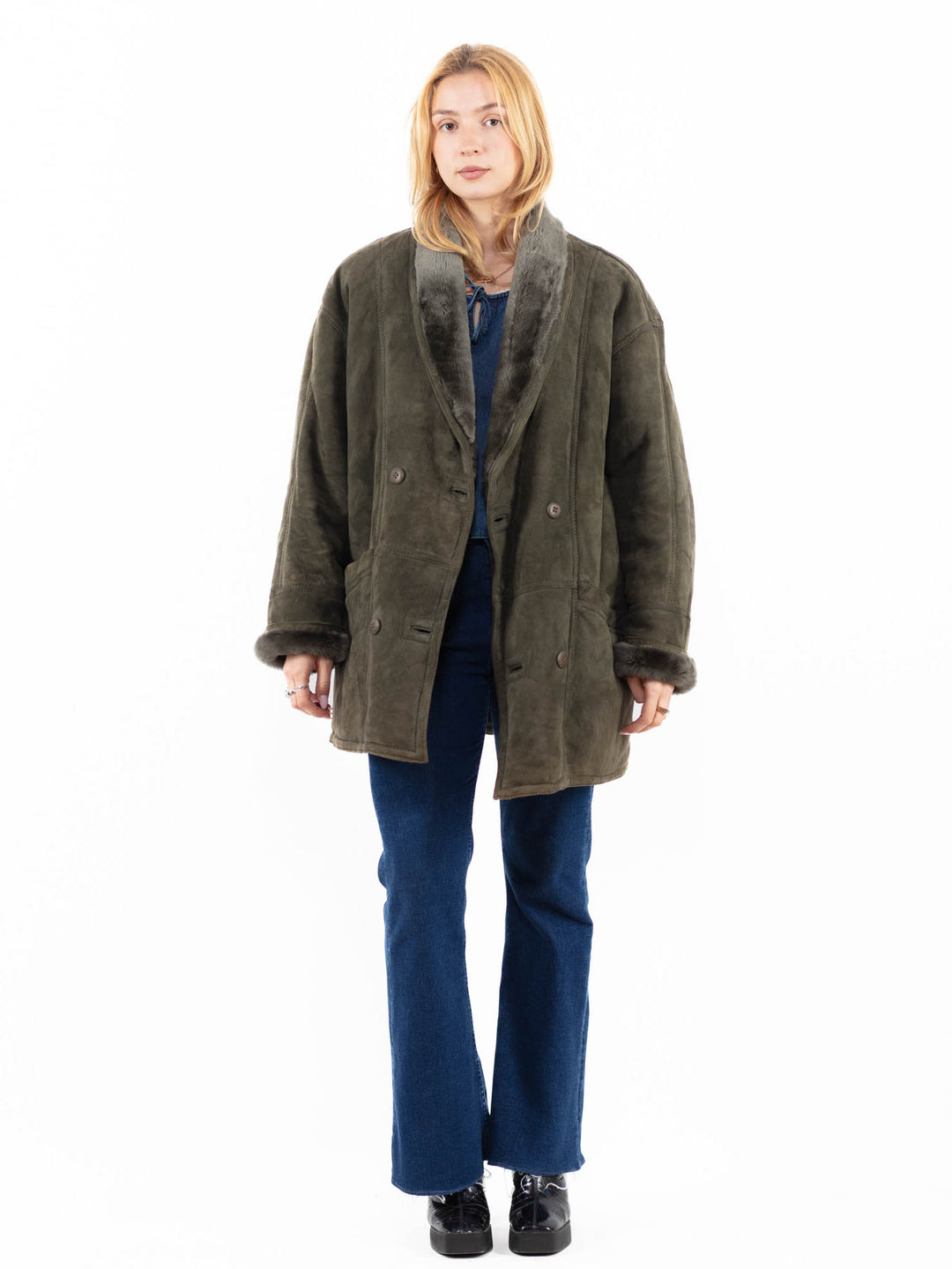 Vintage 90's Women Sheepskin Coat in GreenA0131