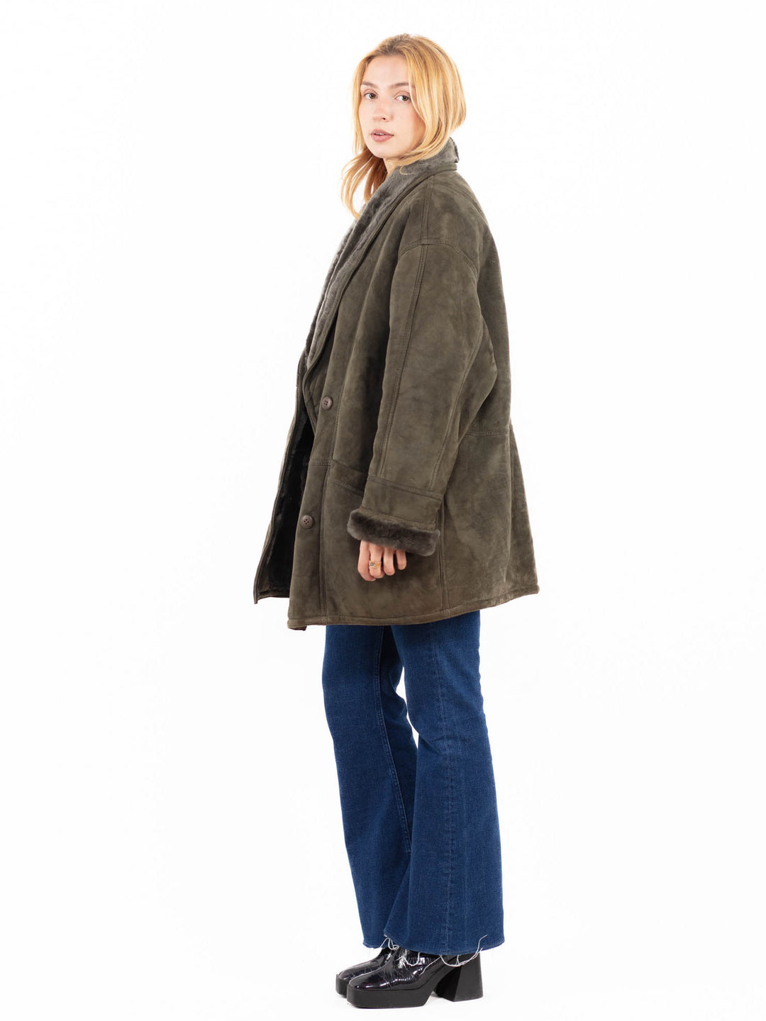 Vintage 90's Women Sheepskin Coat in GreenA0131