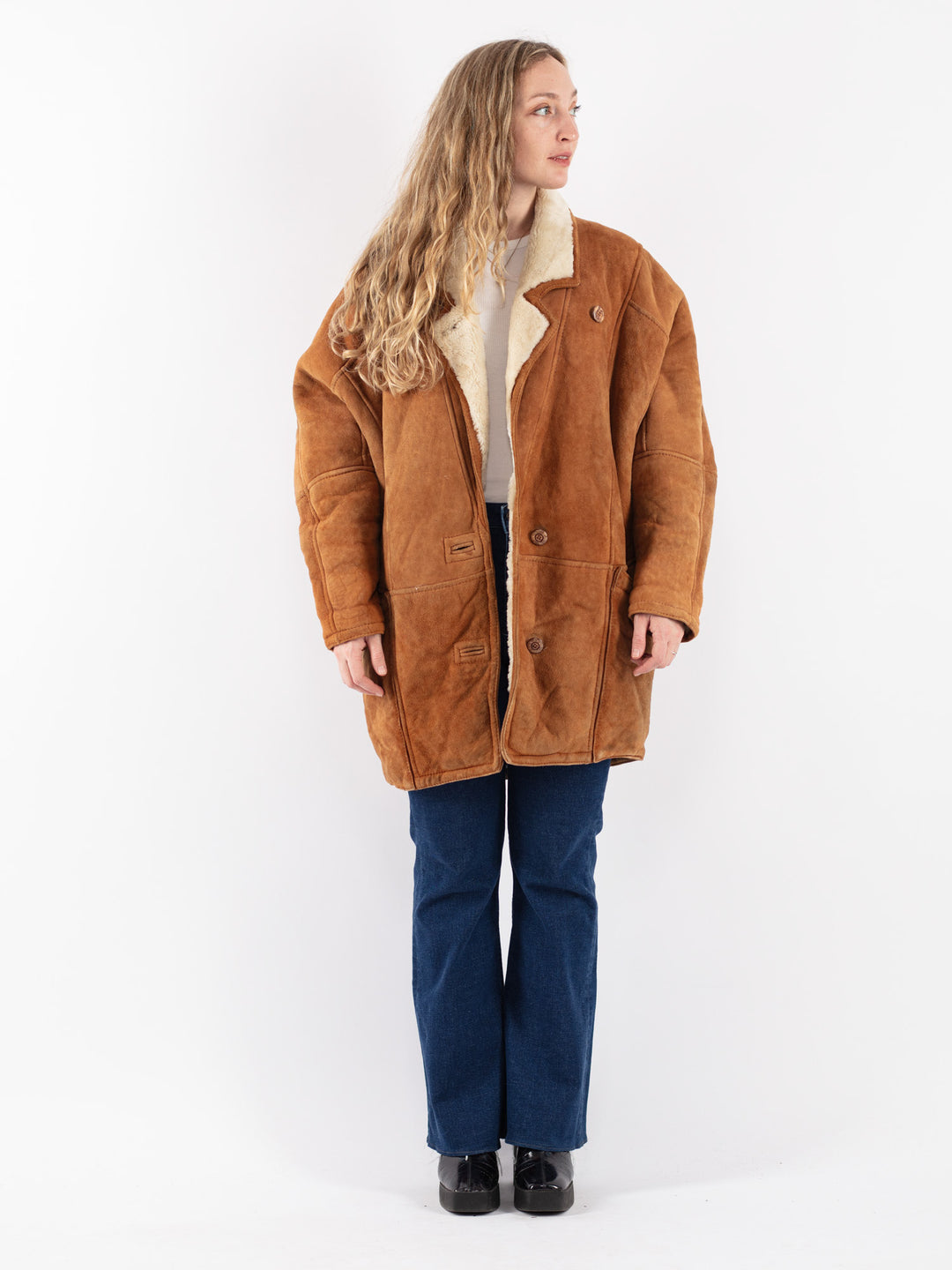Vintage 90's Women Sheepskin Coat in Brown