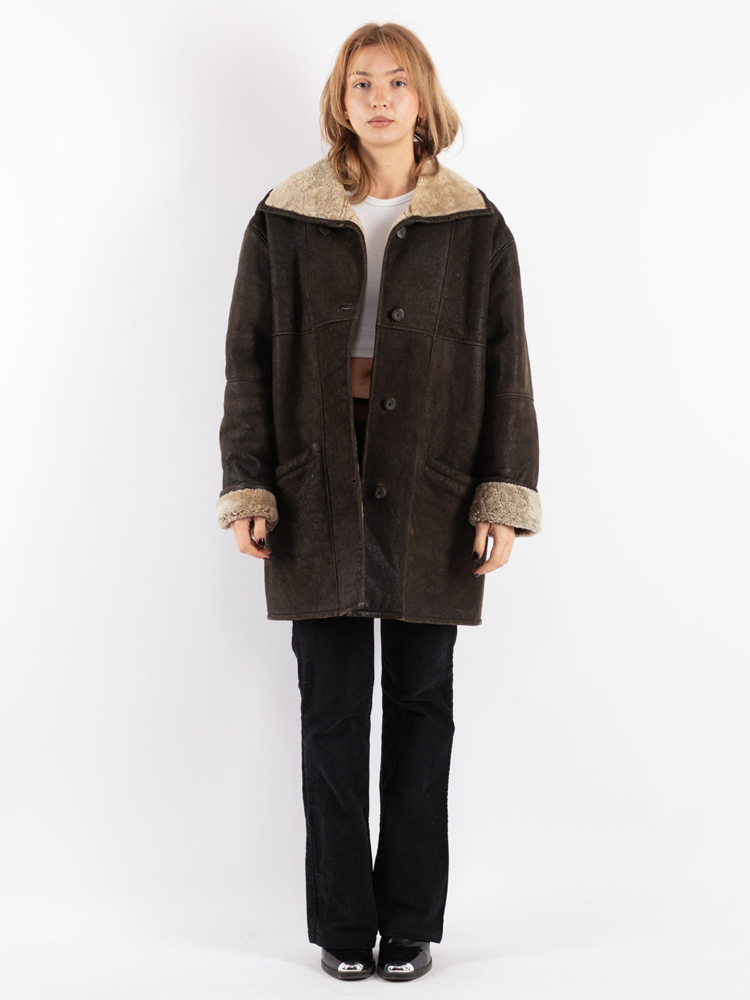 Vintage 90's Women Sheepskin Coat in Brown