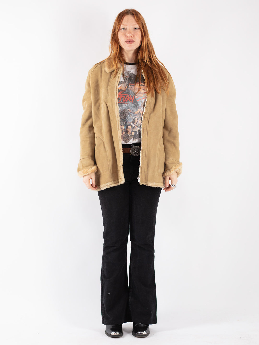 Vintage 90's Women Sheepskin Coat in Beige