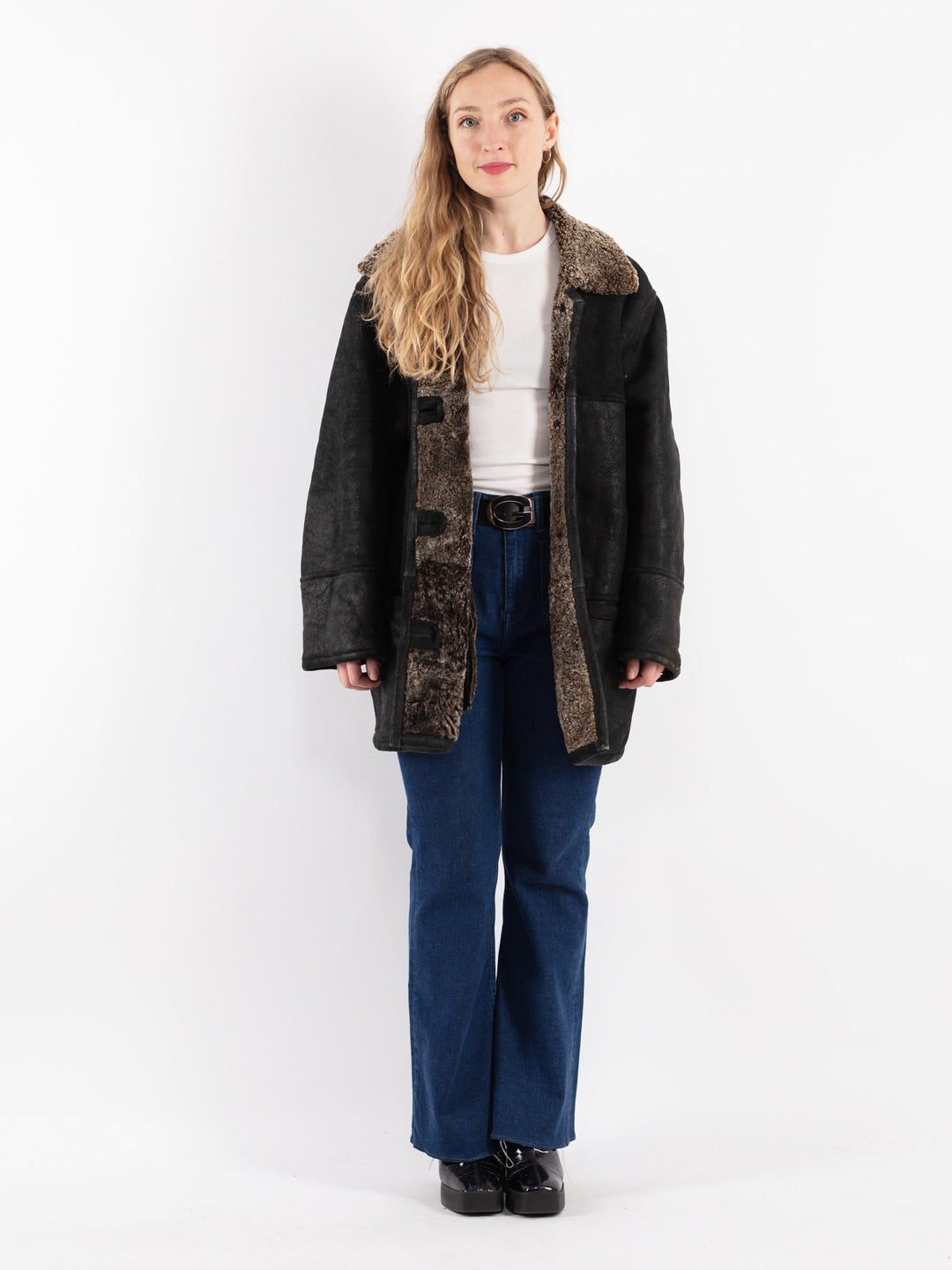 Vintage 90's Women Sheepskin Shearling Coat in Black