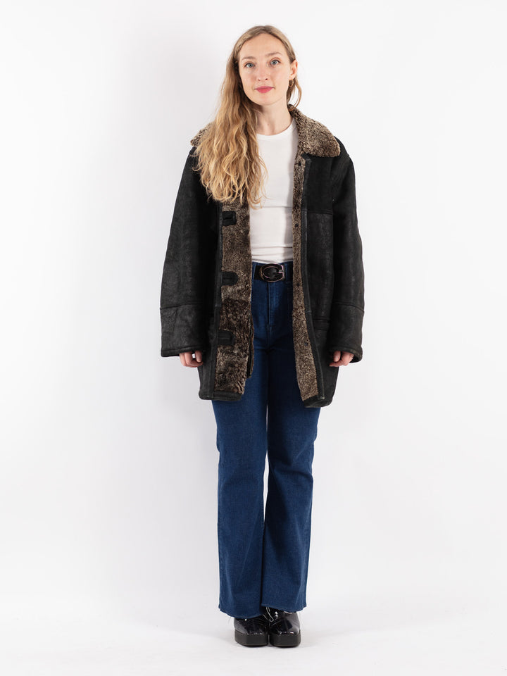 Vintage 90's Women Sheepskin Shearling Coat in Black