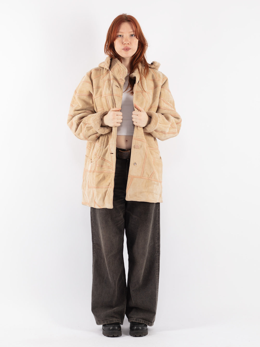 Vintage 90's Women Sheepskin Coat in Beige
