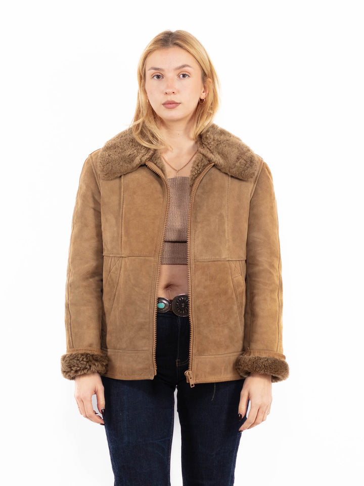 Vintage 90's Women Sheepskin Jacket in Sand Brown