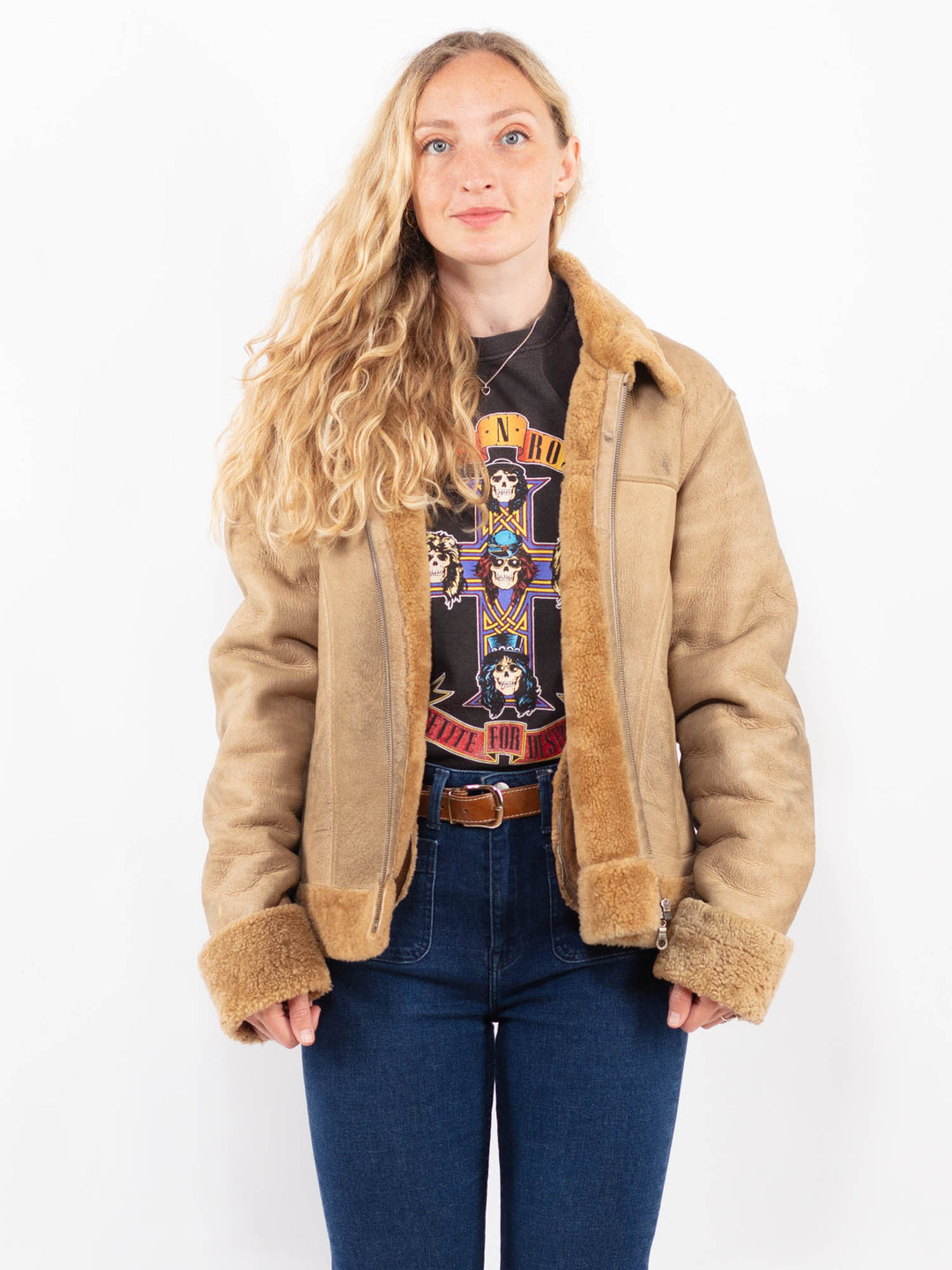Vintage 90's Women Sheepskin Jacket in BeigeA0373