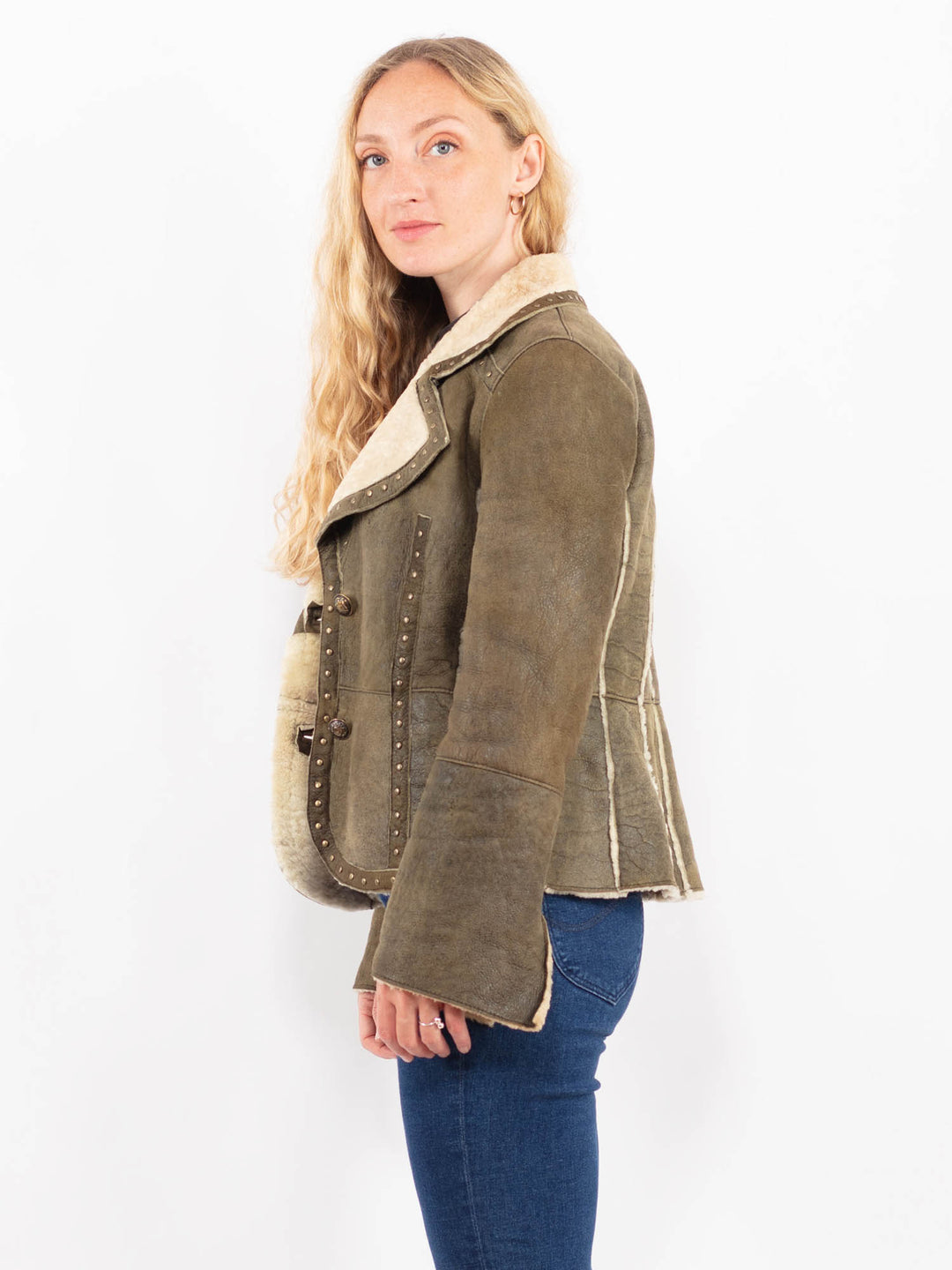 Vintage 90's Women Sheepskin Jacket in Green A0428