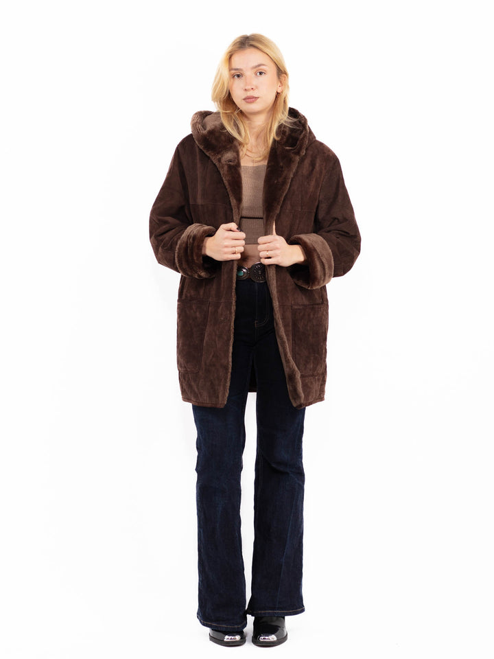 Vintage 90's Women Hooded Suede Sherpa Coat in Brown