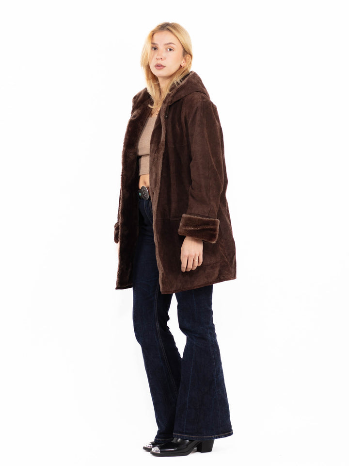 Vintage 90's Women Hooded Suede Sherpa Coat in Brown