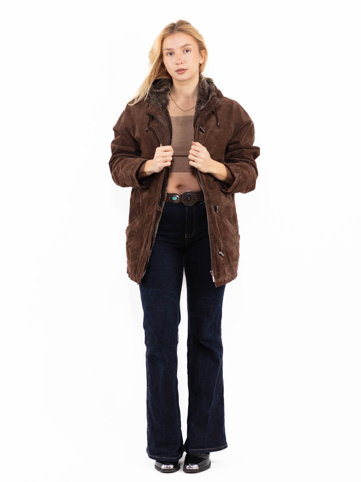 Vintage 90's Women Hooded Suede Sherpa Coat in Brown