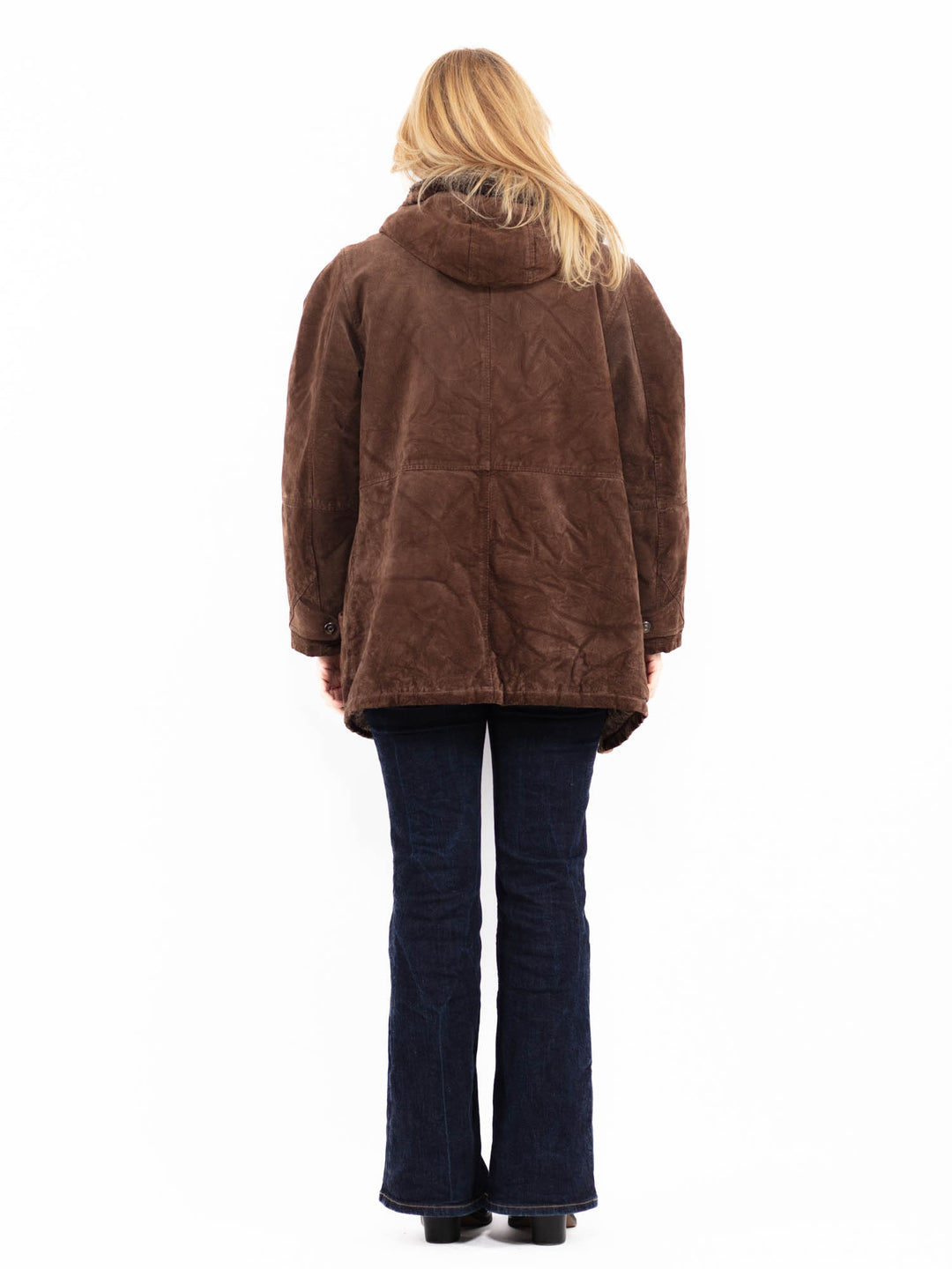 Vintage 90's Women Hooded Suede Sherpa Coat in Brown