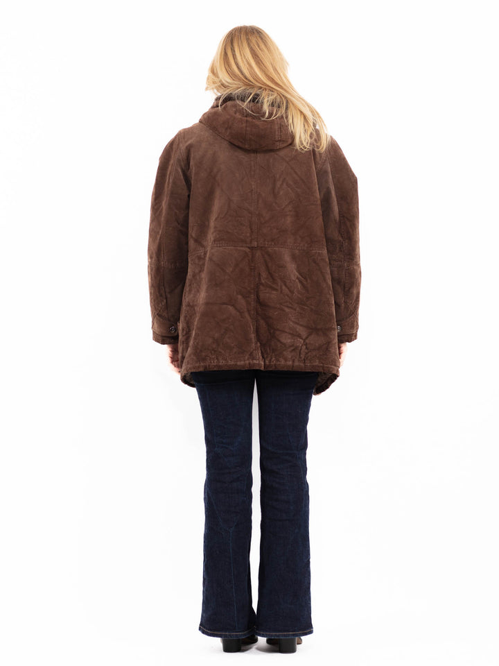 Vintage 90's Women Hooded Suede Sherpa Coat in Brown