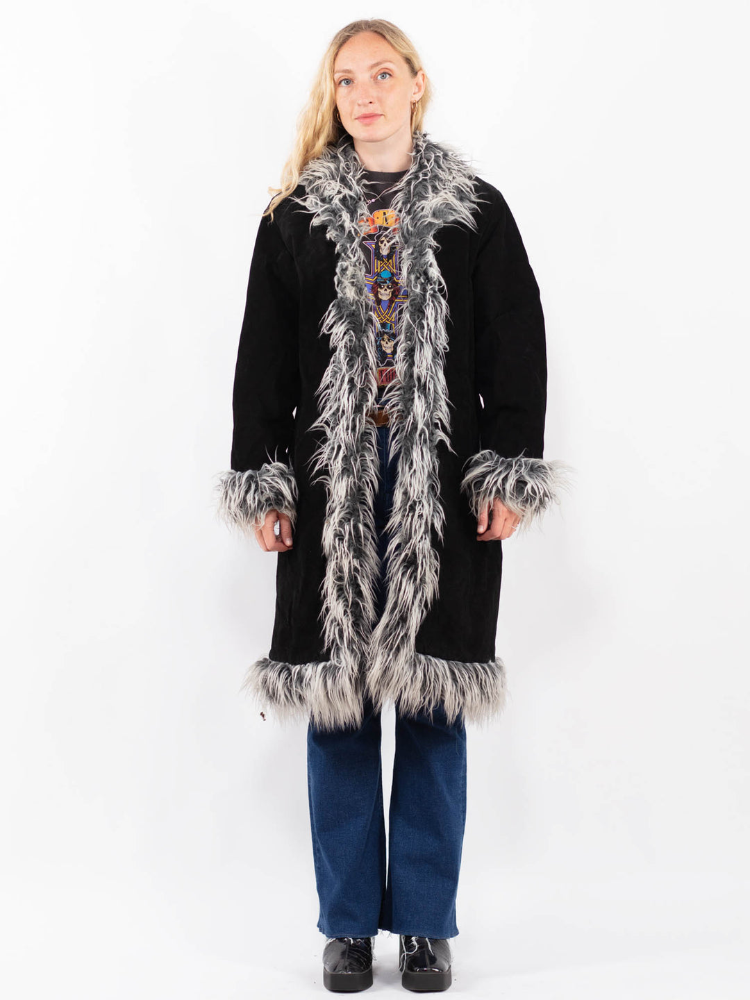 Vintage 90's Women Suede Sherpa Coat in BlackA0416