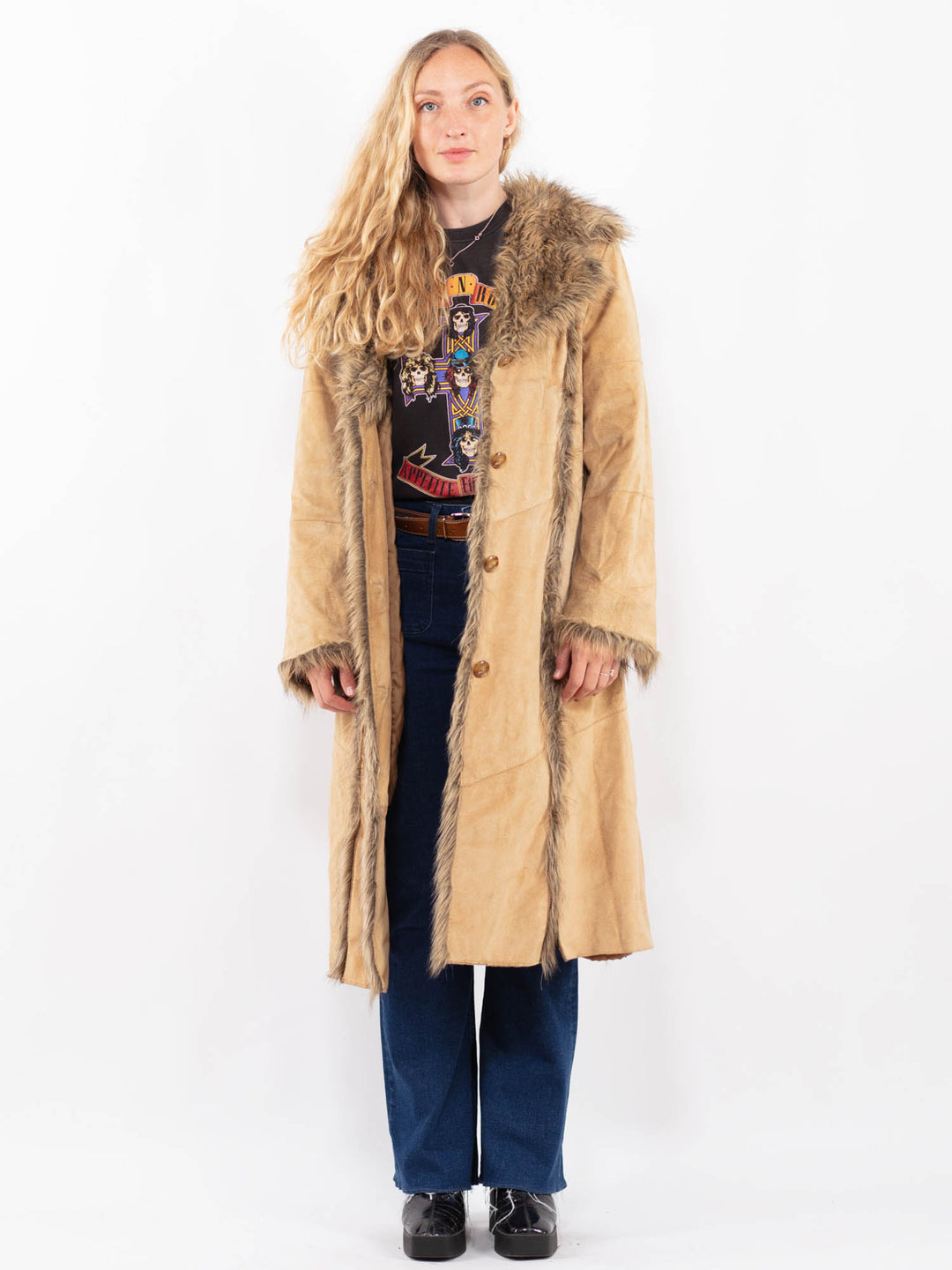 Vintage 90's Women Suede Sherpa Coat in BeigeA0481