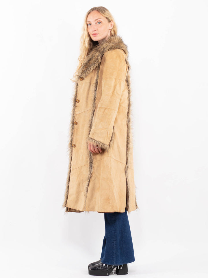 Vintage 90's Women Suede Sherpa Coat in BeigeA0481