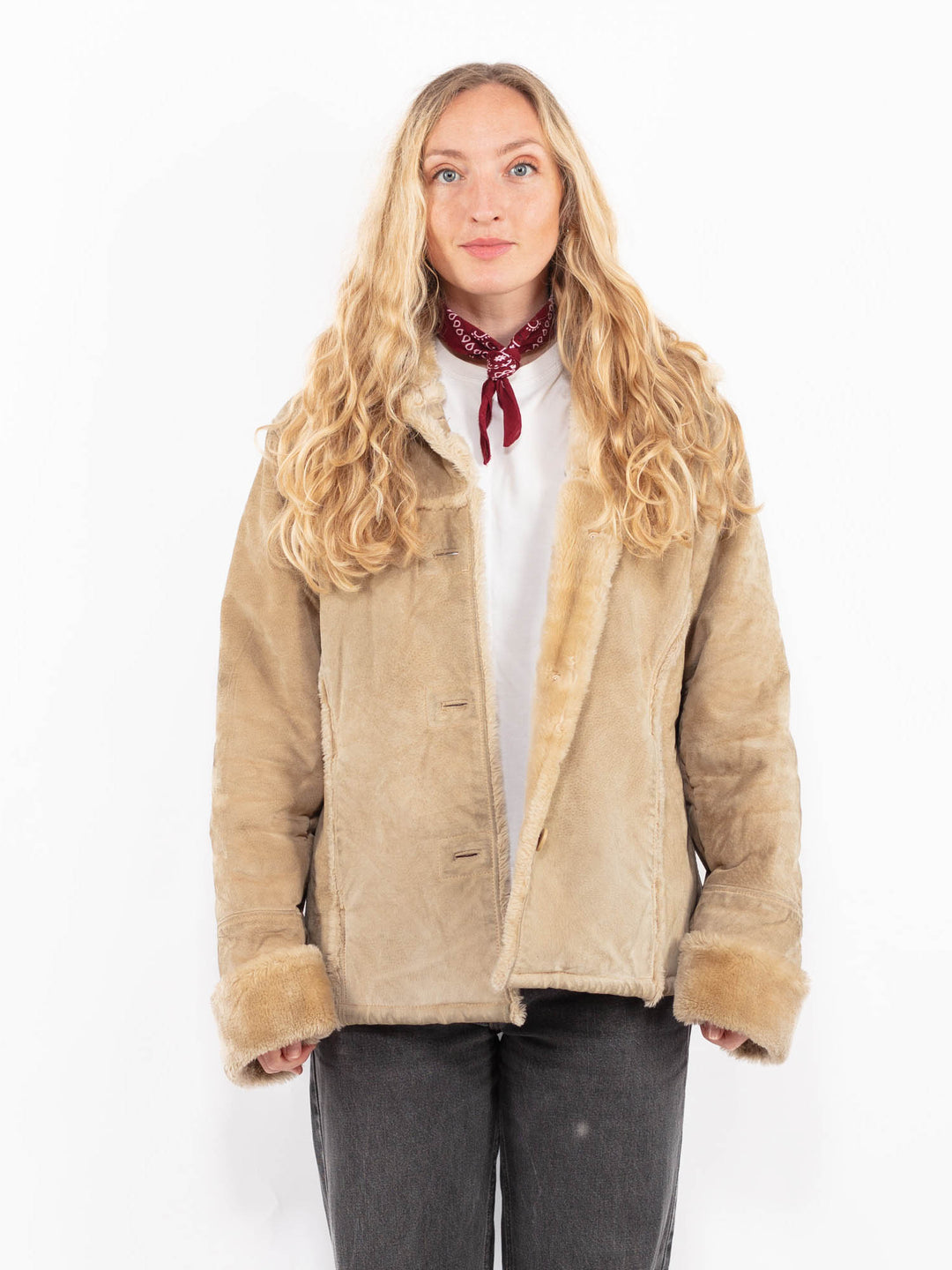 Vintage 90's Women Suede Sherpa Jacket in BeigeA0674