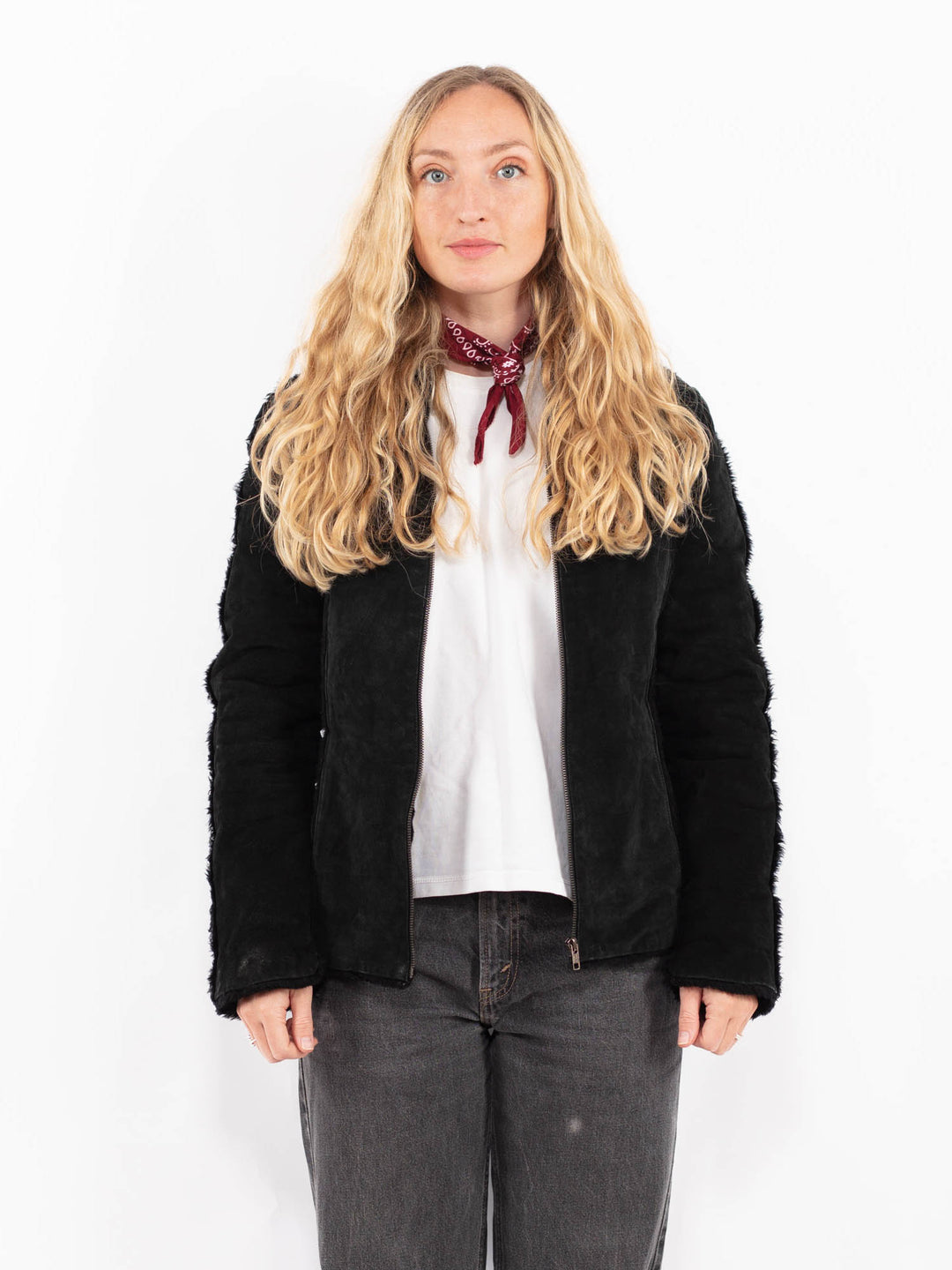 Vintage 90's Women Suede Sherpa Jacket in BlackA0685