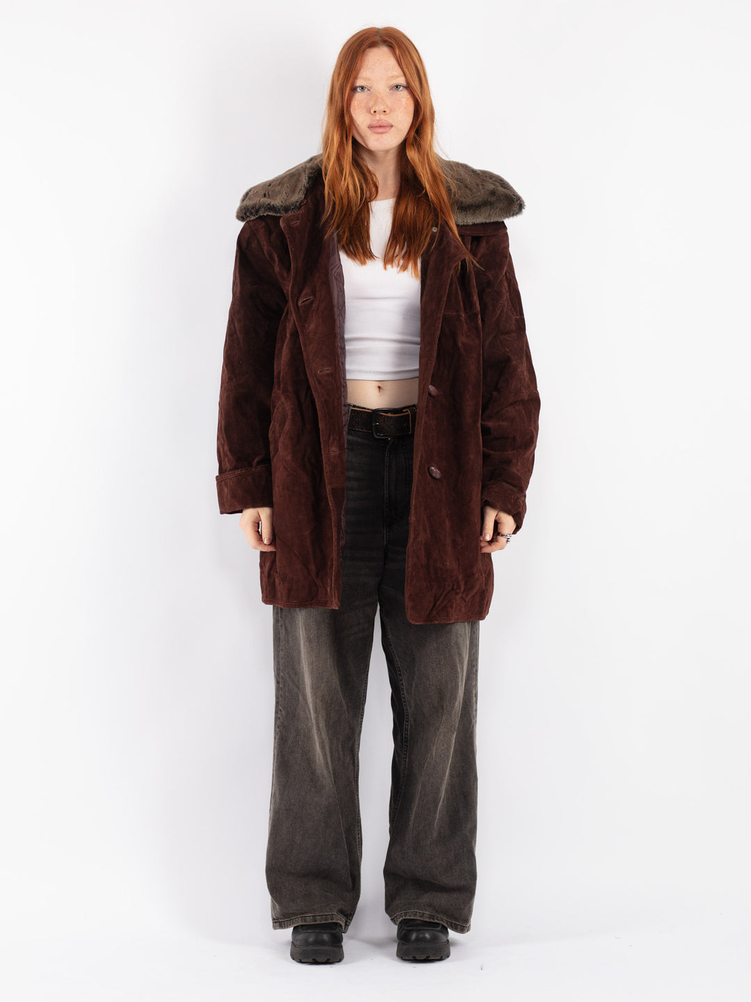 Vintage 90's Women Suede Sherpa Coat in Brown