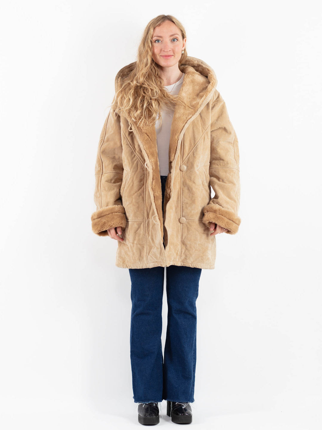 Vintage 90's Women Suede Sherpa Coat in BeigeV9868