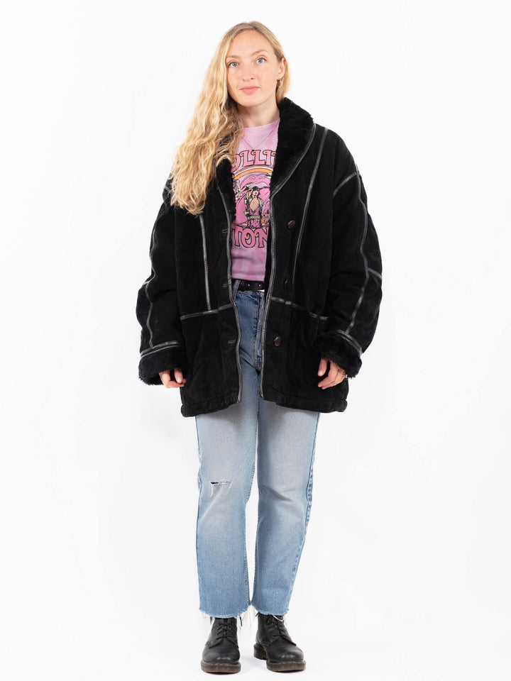 Vintage 90's Women Suede Sherpa Coat in BlackA0522