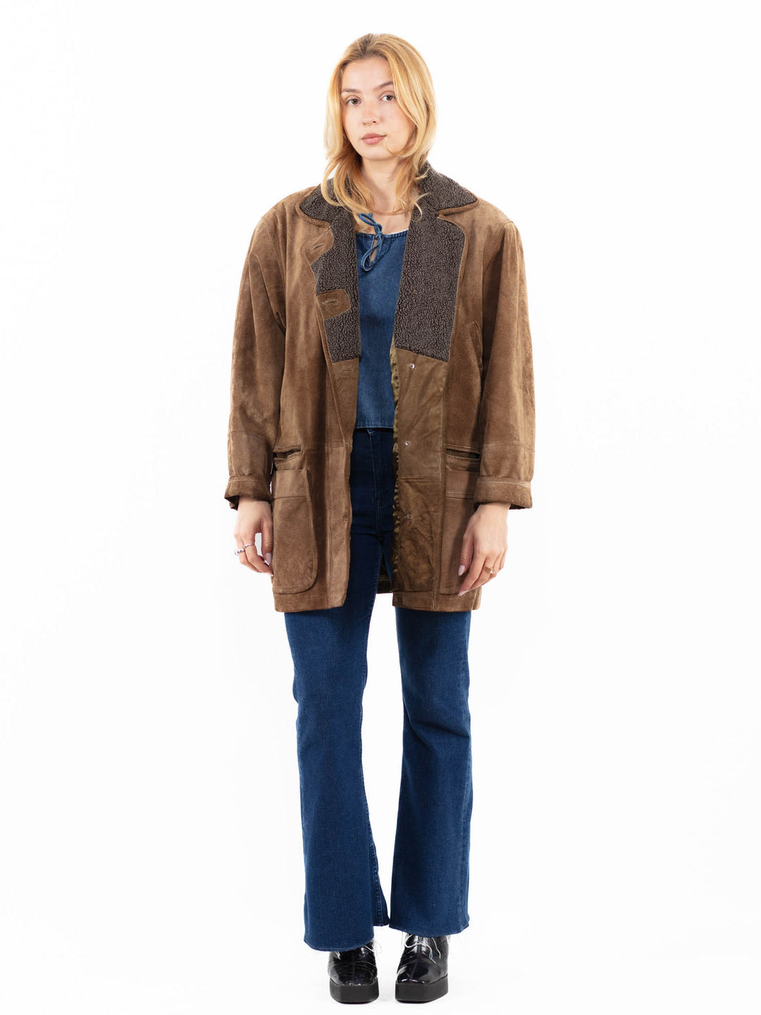 Vintage 90's Women Suede Sherpa Coat in BeigeA0089
