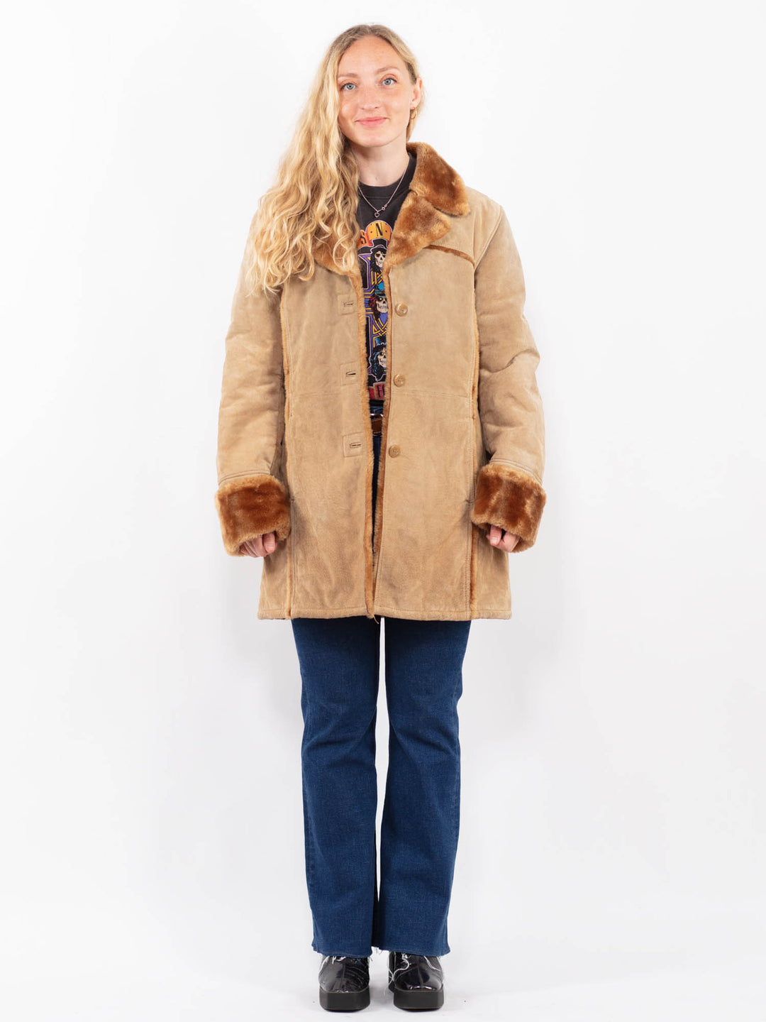 Vintage 00's Women Suede Sherpa Coat in BeigeA0409