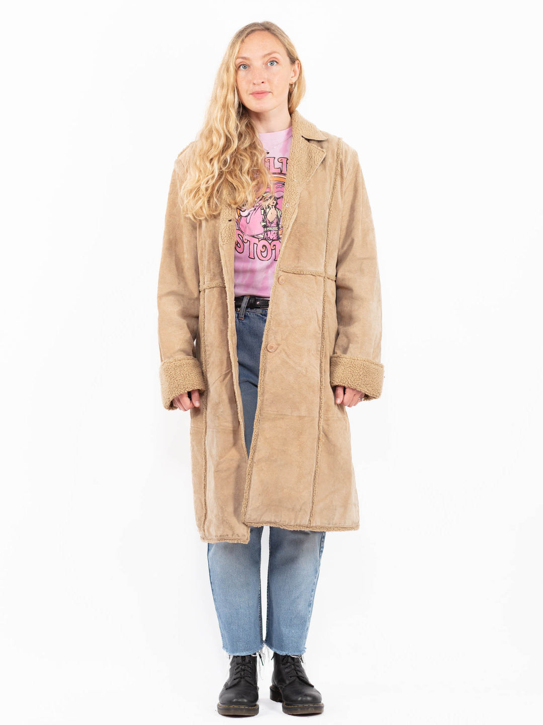 Vintage 90's Women Suede Sherpa Coat in BeigeA0573