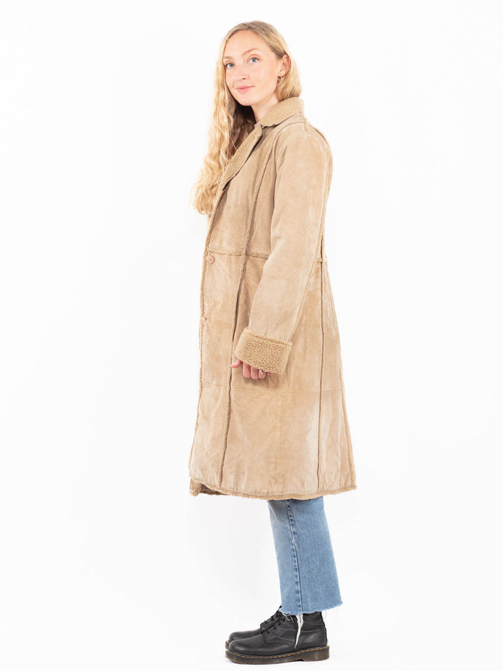 Vintage 90's Women Suede Sherpa Coat in BeigeA0573