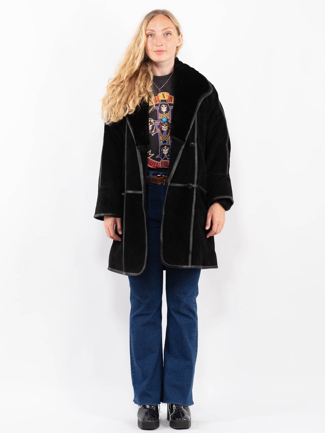 Vintage 90's Women Suede Sherpa Coat in BlackA0463