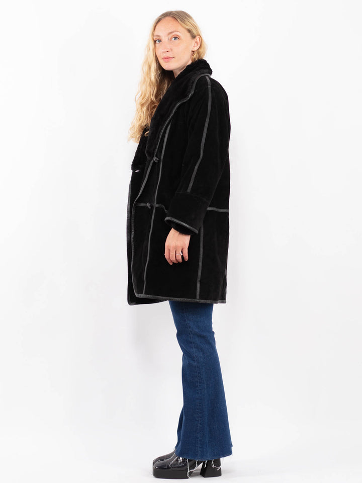 Vintage 90's Women Suede Sherpa Coat in BlackA0463