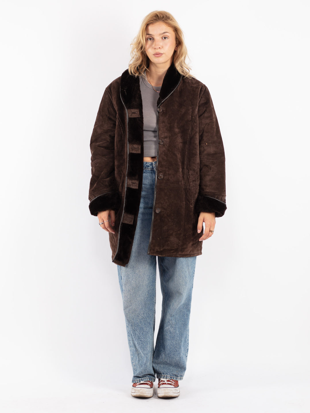 Vintage 90's Women Suede Sherpa Coat in Brown