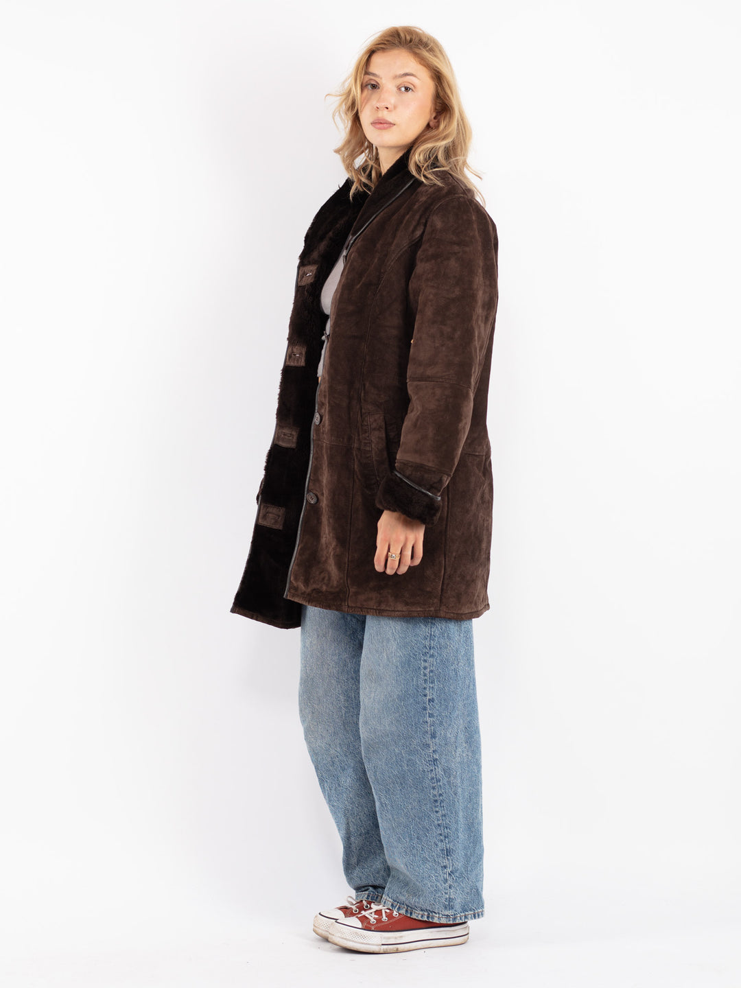 Vintage 90's Women Suede Sherpa Coat in Brown