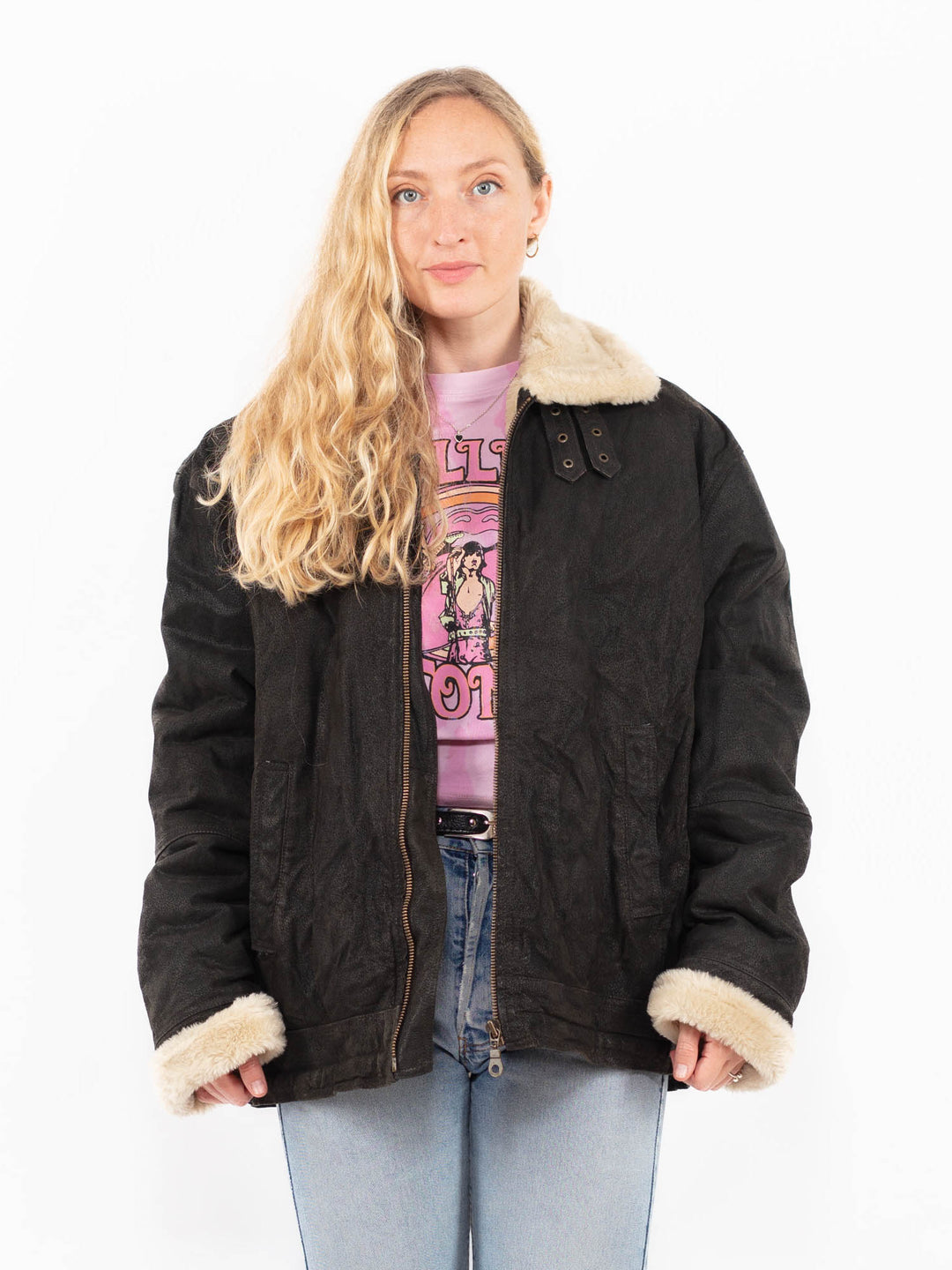 Vintage 90's Women Suede Sherpa Jacket in BlackA0539