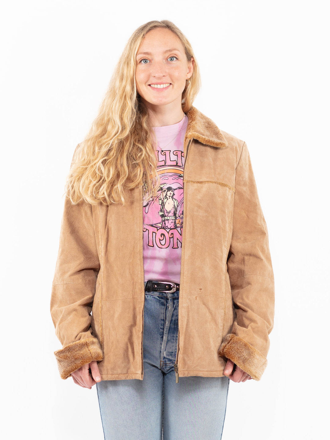 Vintage 90's Women Suede Sherpa Jacket in BeigeA0541