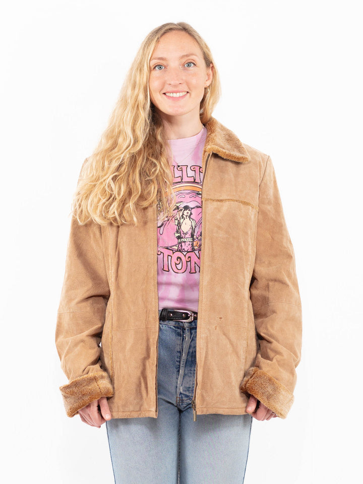 Vintage 90's Women Suede Sherpa Jacket in BeigeA0541