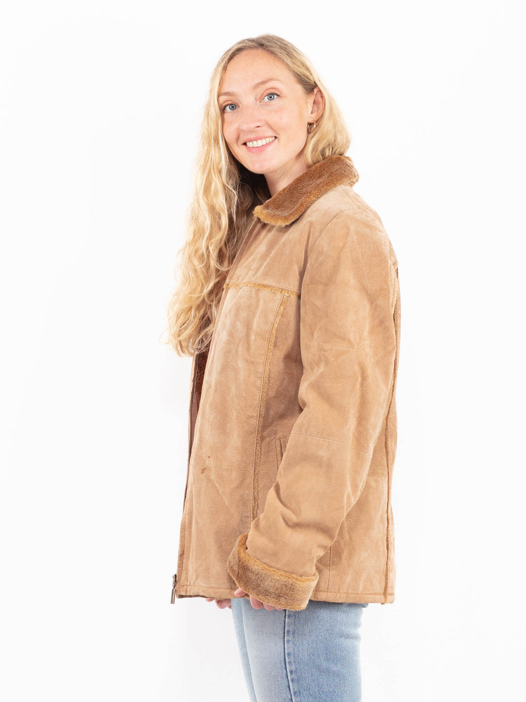 Vintage 90's Women Suede Sherpa Jacket in BeigeA0541
