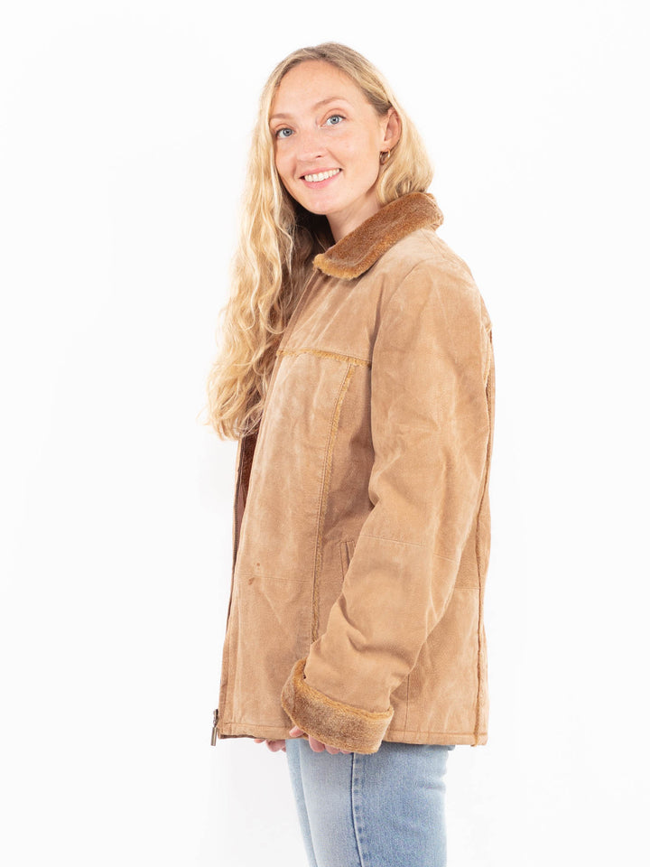 Vintage 90's Women Suede Sherpa Jacket in BeigeA0541