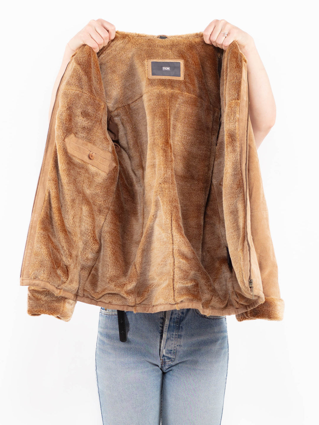 Vintage 90's Women Suede Sherpa Jacket in BeigeA0541