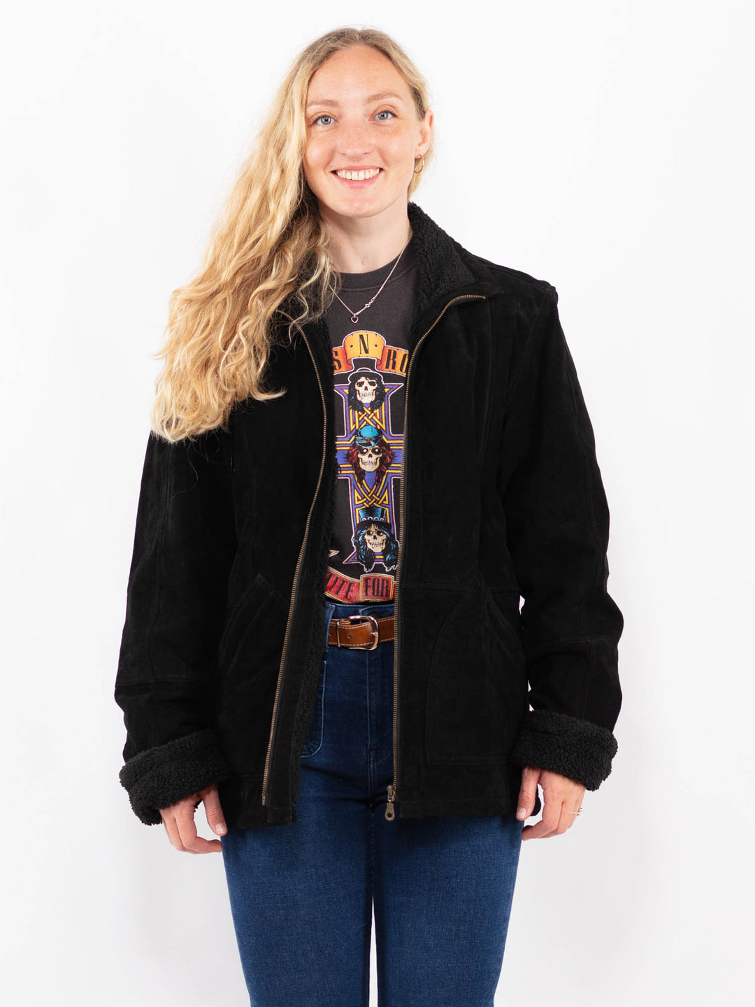 Vintage 90's Women Suede Sherpa Jacket in BlackA0405