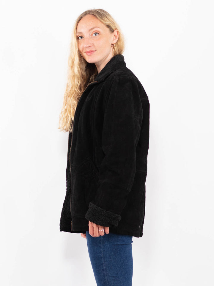 Vintage 90's Women Suede Sherpa Jacket in BlackA0405