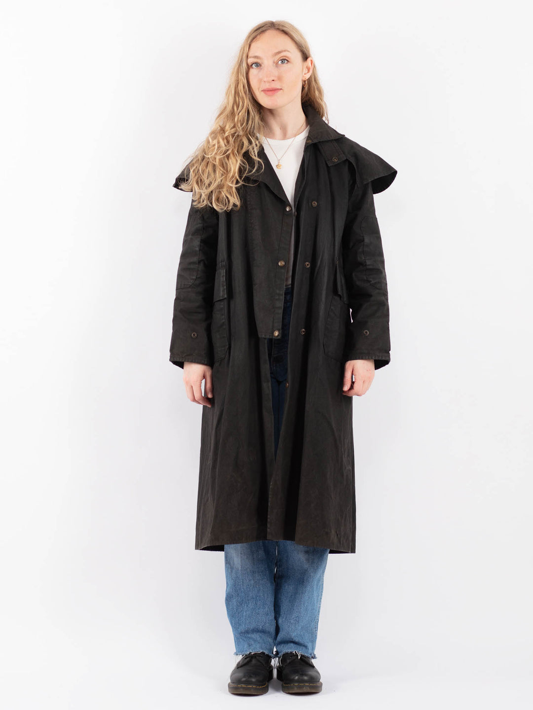 Vintage 90's Women Waxed Cotton Coat in BlackV9438